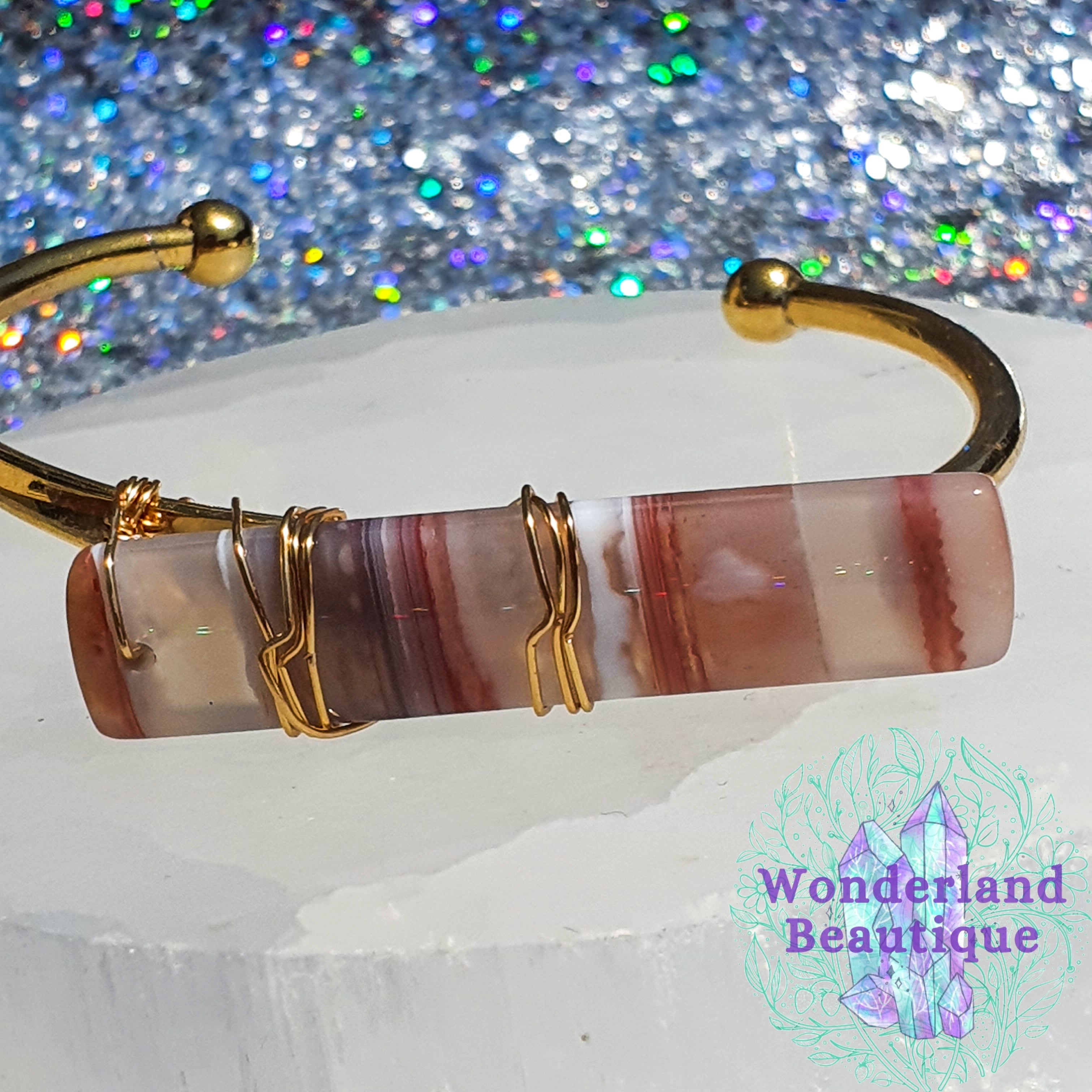 Peach Banded Agate Crystal Cuff Bracelet