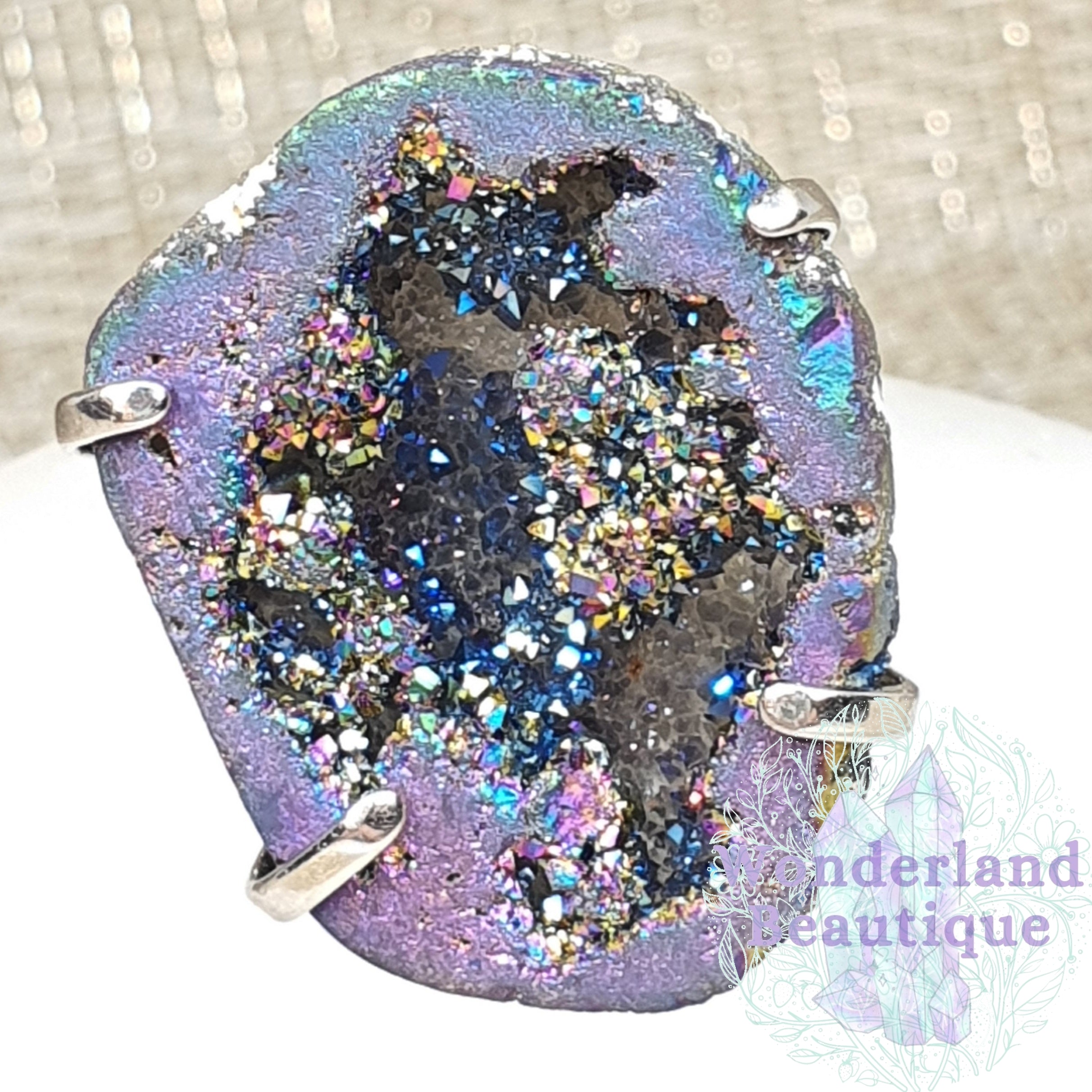 Wonderland Beautique - Rainbow Titanium Aura Druzy Geode Ring