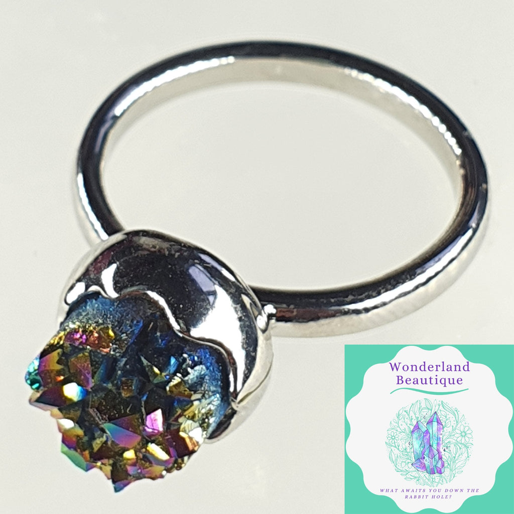 Wonderland Beautique - Boxed Rainbow Titanium Aura Druzy 8mm Ring